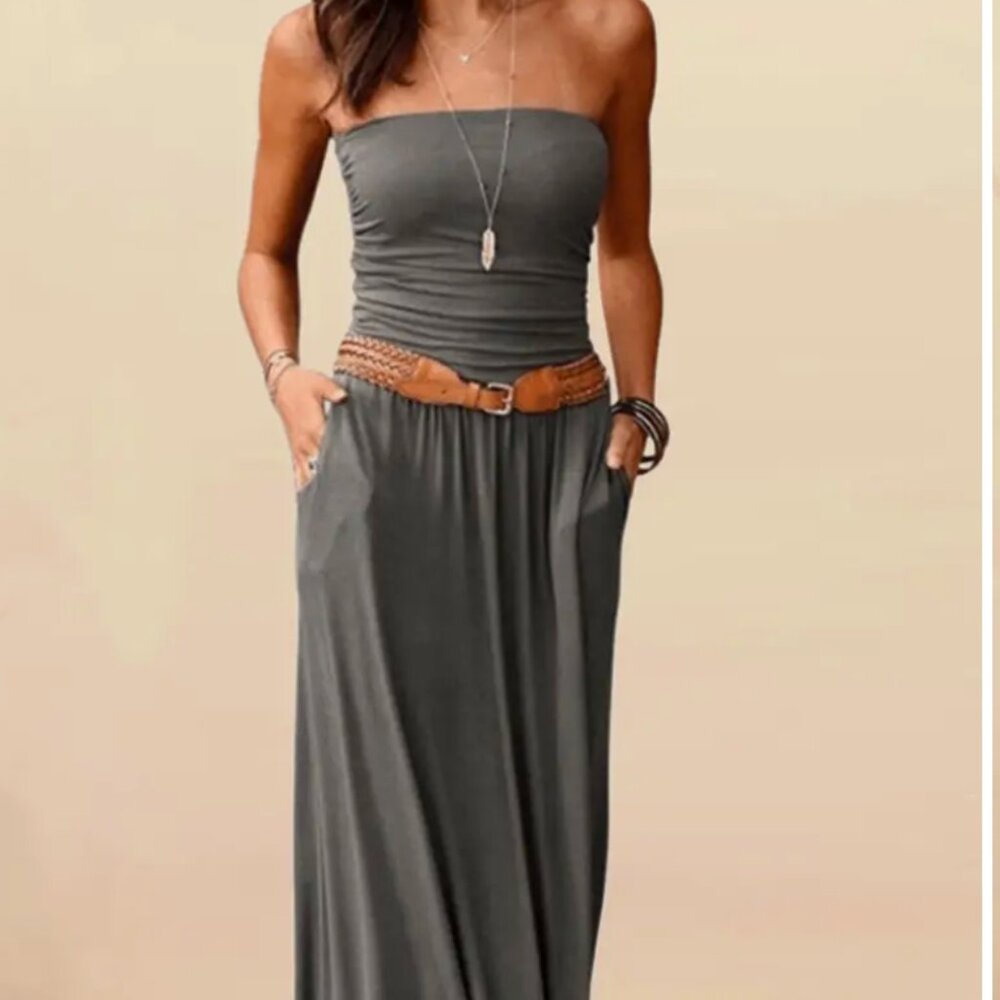 High Waisted Sleeveless Breathable Solid Color Strapless Maxi Dress